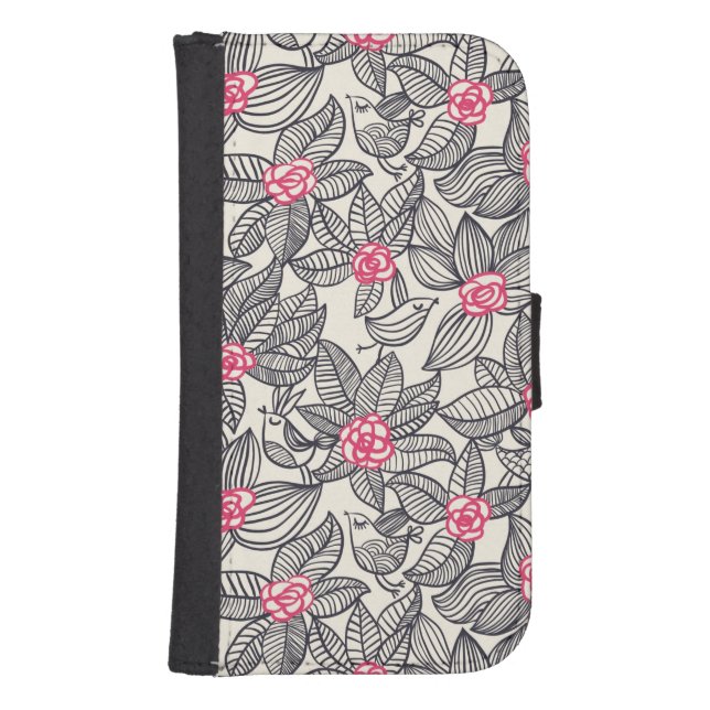 Floral pattern with cartoon birds 2 samsung galaxy wallet case (Front)