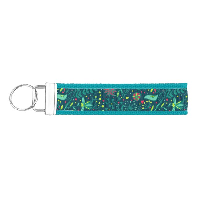 Floral pattern with cartoon birds 2 wrist keychain (Keys on Left)