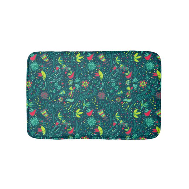 Floral pattern with cartoon birds bathroom mat (Front)