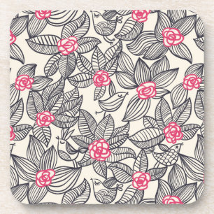 Floral pattern with cartoon birds beverage coaster