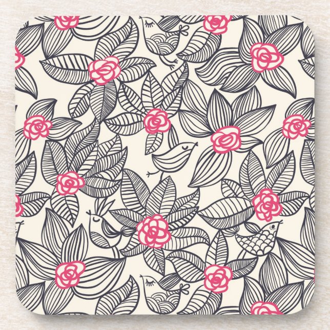 Floral pattern with cartoon birds beverage coaster (Front)