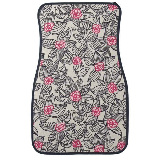 Floral pattern with cartoon birds car mat (Front)