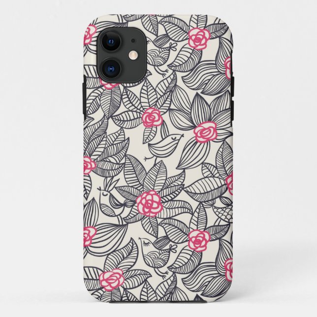 Floral pattern with cartoon birds Case-Mate iPhone case (Back)