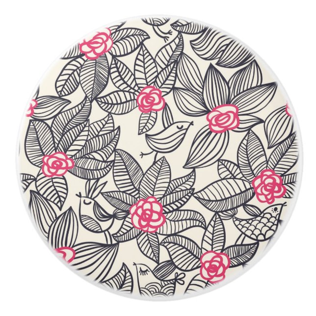 Floral pattern with cartoon birds ceramic knob (Front)