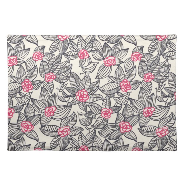 Floral pattern with cartoon birds cloth placemat (Front)