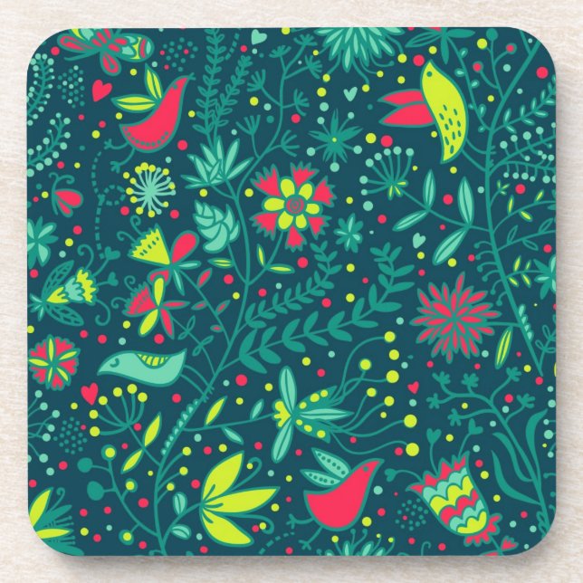 Floral pattern with cartoon birds coaster (Front)