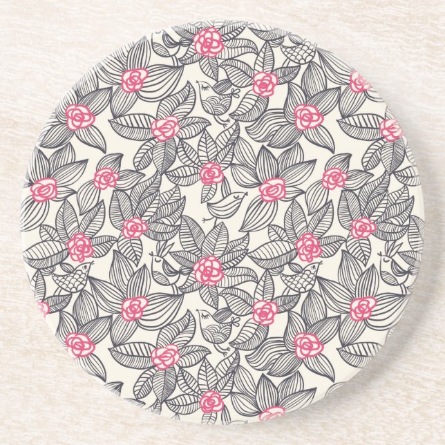 Floral pattern with cartoon birds drink coaster (Front)