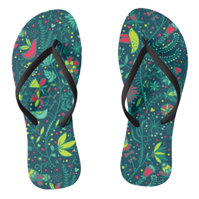 Floral pattern with cartoon birds flip flops (Footbed)