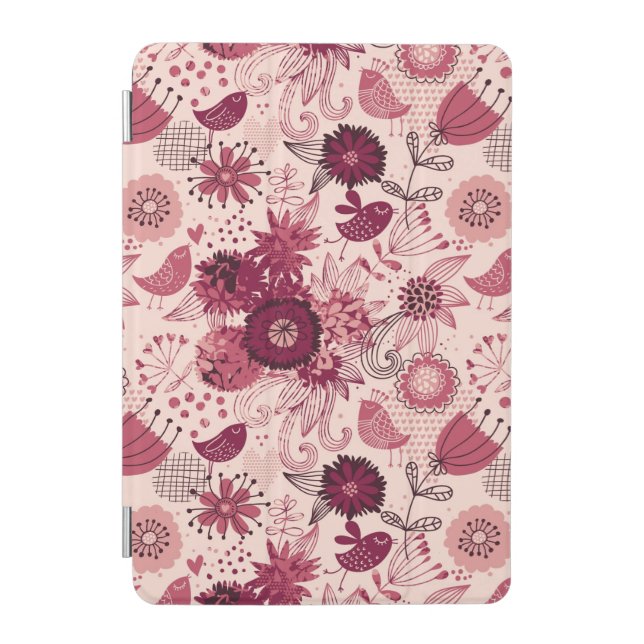 Floral pattern with cartoon birds iPad mini cover (Front)
