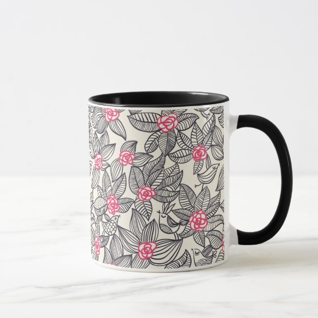 Floral pattern with cartoon birds mug (Right)