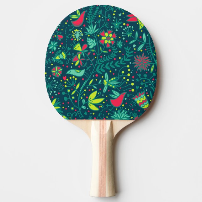 Floral pattern with cartoon birds ping pong paddle (Front)