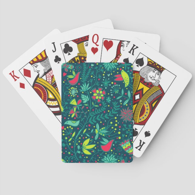 Floral pattern with cartoon birds poker cards (Back)