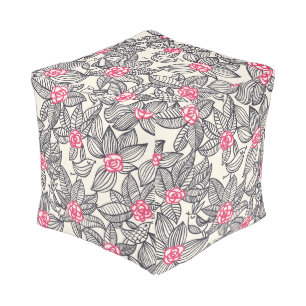 Floral pattern with cartoon birds pouf