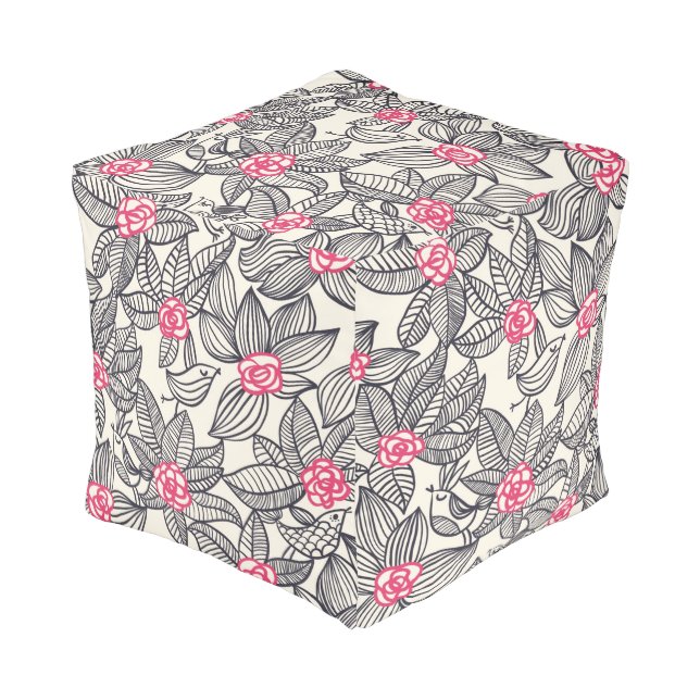 Floral pattern with cartoon birds pouf (Angled Front)