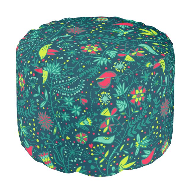 Floral pattern with cartoon birds pouf (Angled Front)