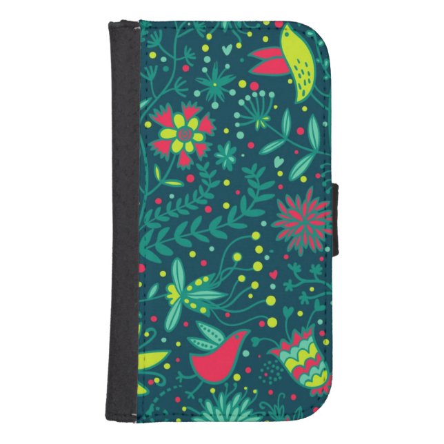 Floral pattern with cartoon birds samsung galaxy wallet case (Front)