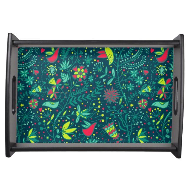 Floral pattern with cartoon birds serving tray (Front)