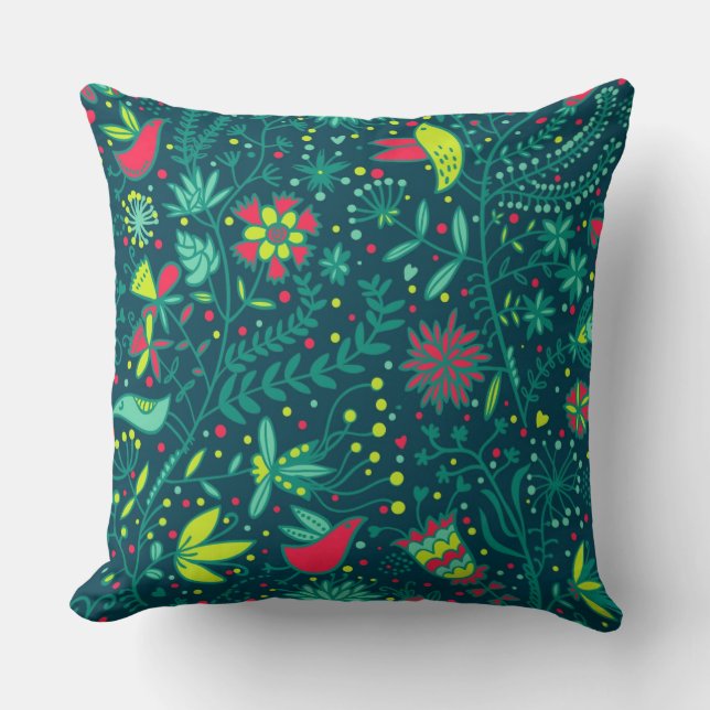 Floral pattern with cartoon birds throw pillow (Front)