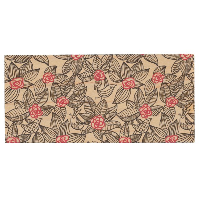 Floral pattern with cartoon birds wood USB flash drive (Front)