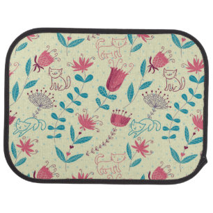 Floral pattern with cartoon cats car floor mat