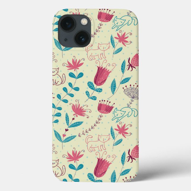 Floral pattern with cartoon cats Case-Mate iPhone case (Back)