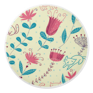 Floral pattern with cartoon cats ceramic knob