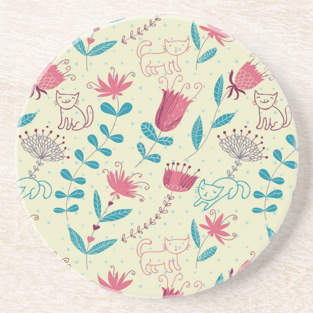 Floral pattern with cartoon cats drink coaster (Front)