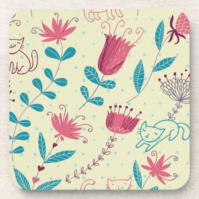 Floral pattern with cartoon cats drink coaster (Front)