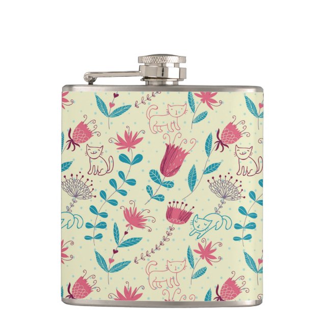 Floral pattern with cartoon cats flask (Front)