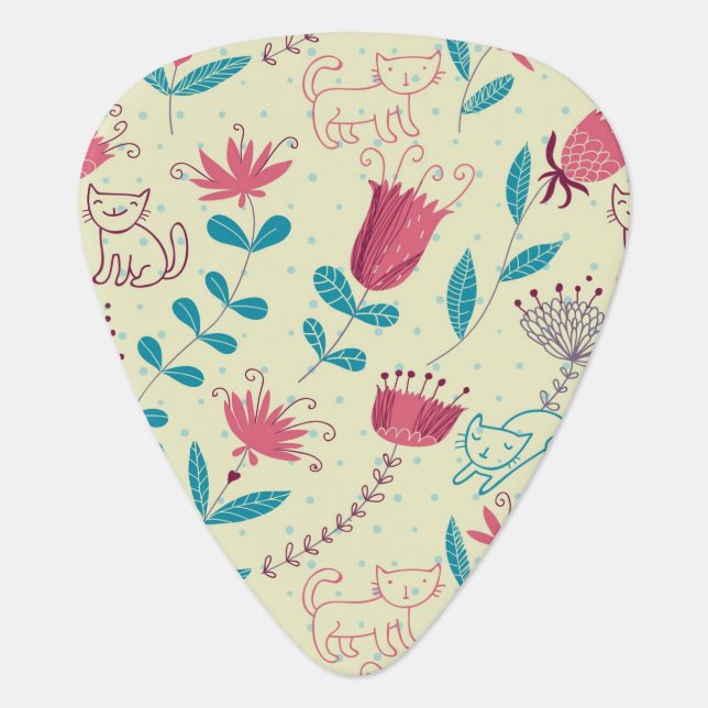 Floral pattern with cartoon cats guitar pick (Front)