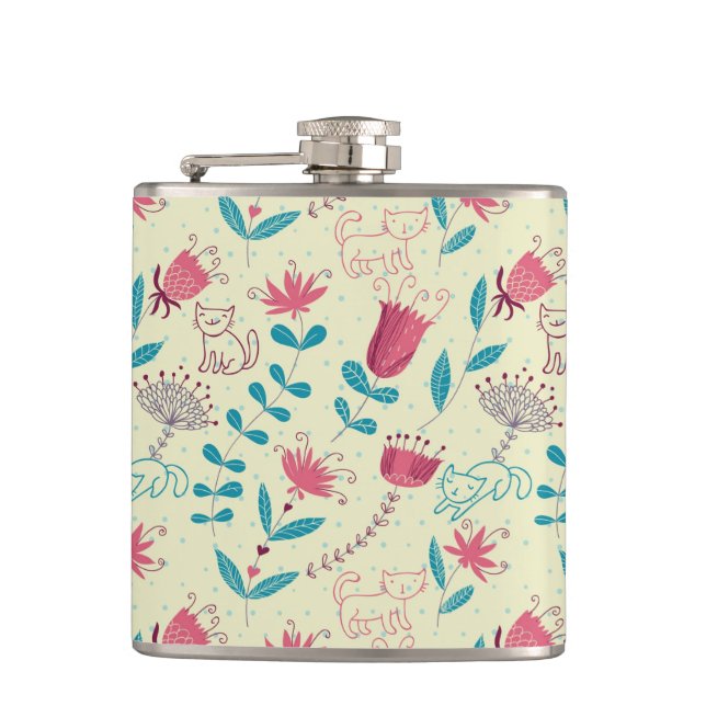 Floral pattern with cartoon cats hip flask (Front)