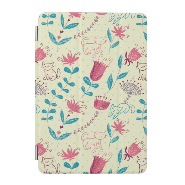 Floral pattern with cartoon cats iPad mini cover (Front)