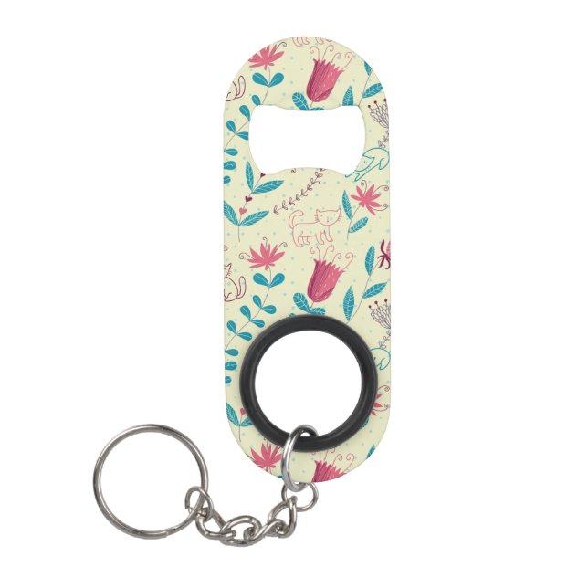 Floral pattern with cartoon cats keychain bottle opener (Front)