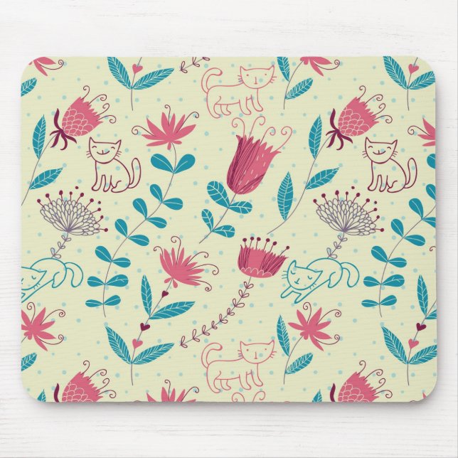 Floral pattern with cartoon cats mouse pad (Front)