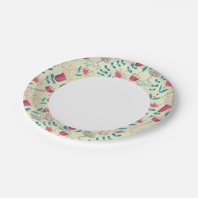 Floral pattern with cartoon cats paper plates (Angled)
