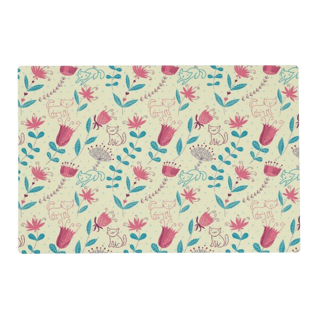 Floral pattern with cartoon cats placemat (Front)