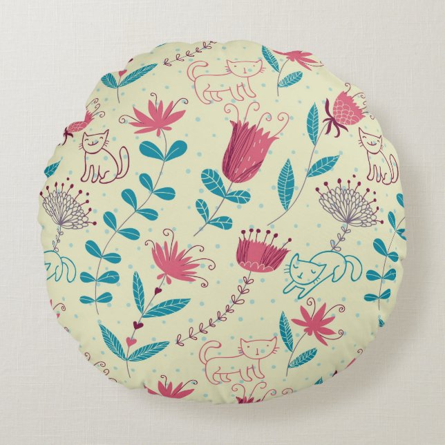 Floral pattern with cartoon cats round pillow (Front)