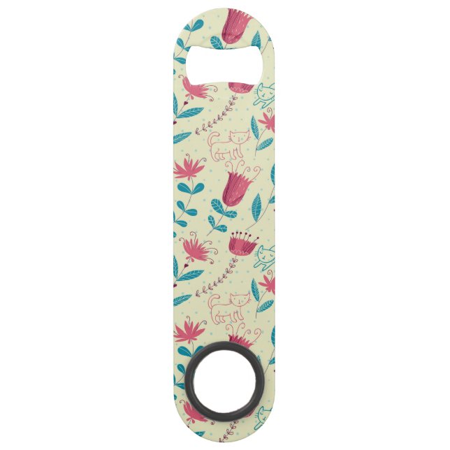 Floral pattern with cartoon cats speed bottle opener (Front)