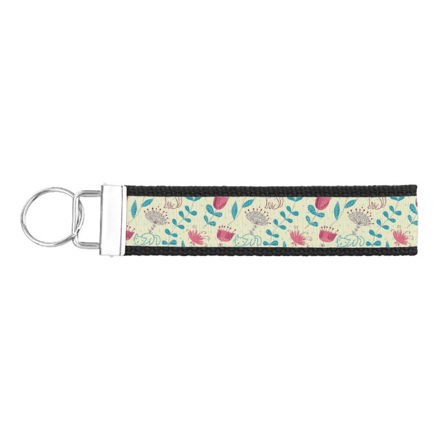 Floral pattern with cartoon cats wrist keychain (Keys on Left)