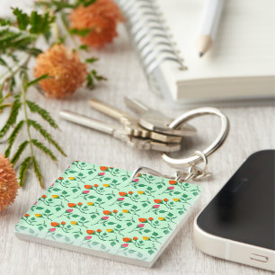 Floral pattern with colored rose flowers keychain