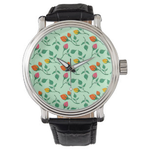 Floral pattern with colored rose flowers  watch