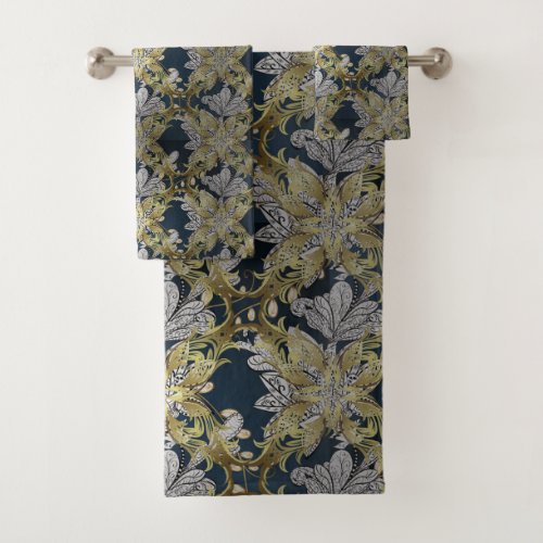 Floral Pattern with Gold Elements Blue Background Bath Towel Set