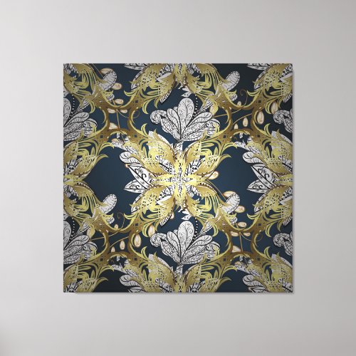 Floral Pattern with Gold Elements Blue Background Canvas Print