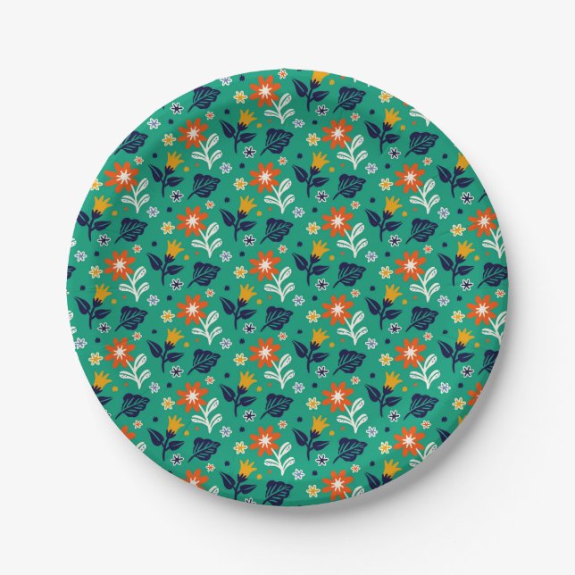 Floral Pattern with Green Background Paper Plates (Front)