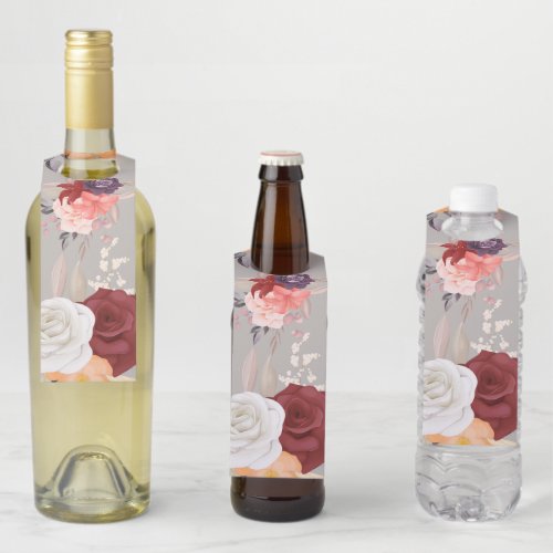 Floral pattern with pink red and purple roses bottle hanger tag