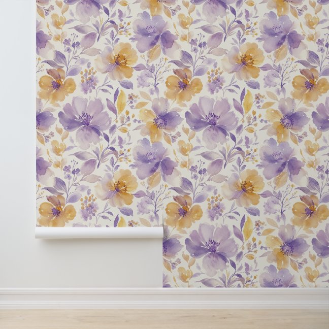 Floral Pattern with Purple and Gold Blossoms Wallpaper