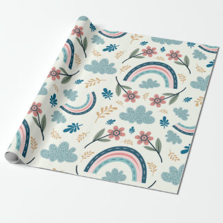 Floral pattern with rainbow and cloud shapes wrapping paper