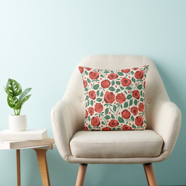 Floral pattern with red roses and green leaves throw pillow (Chair)