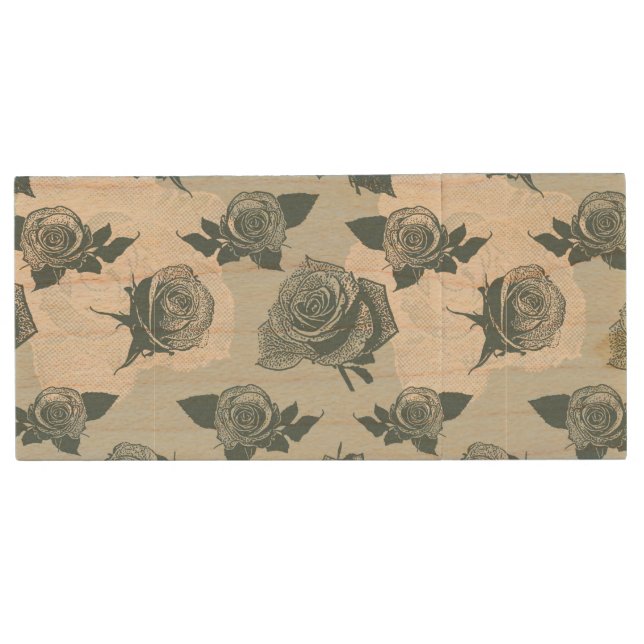Floral pattern with rose wood flash drive (Front)