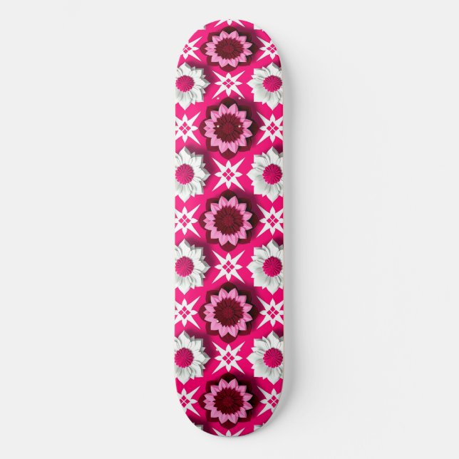 Floral Pattern With Vibrant Pink and White Lotus Skateboard (Front)